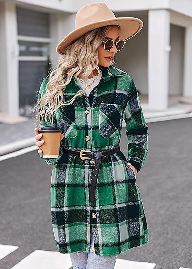 HOTOUCH Womens Flannel Plaid Shacket Jacket Casual Lapel Button Down Tartan Trench Coat Long Slee... | Amazon (US)