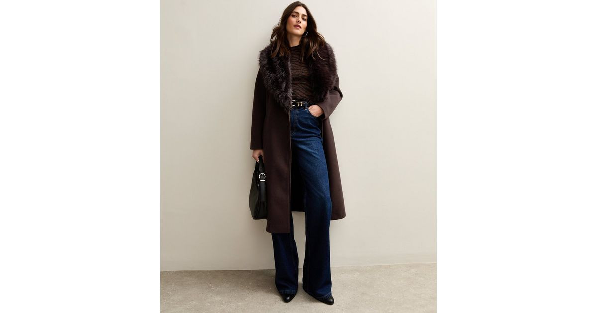 Brown Faux Fur Collar Belted Coat | New Look | New Look (UK)