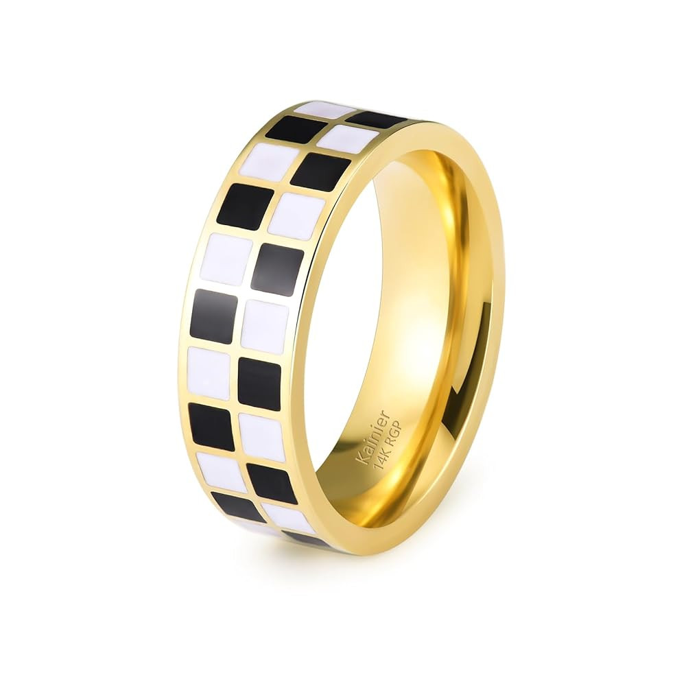 Kainier 6mm 14k Gold Plated Rings Polished Checkerboard Bands Knuckle Statement Pointer Finger Ri... | Amazon (US)