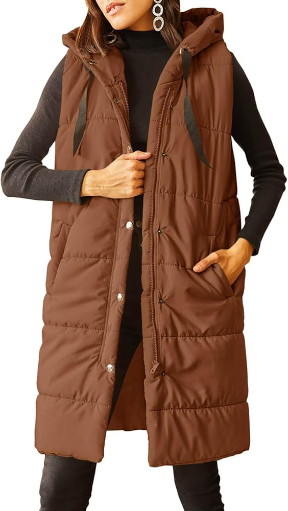 Grlasen Women's Long Quilted Puffer Vest Sleeveless Hooded Button Down Padded Coats Jacket Outerw... | Amazon (US)