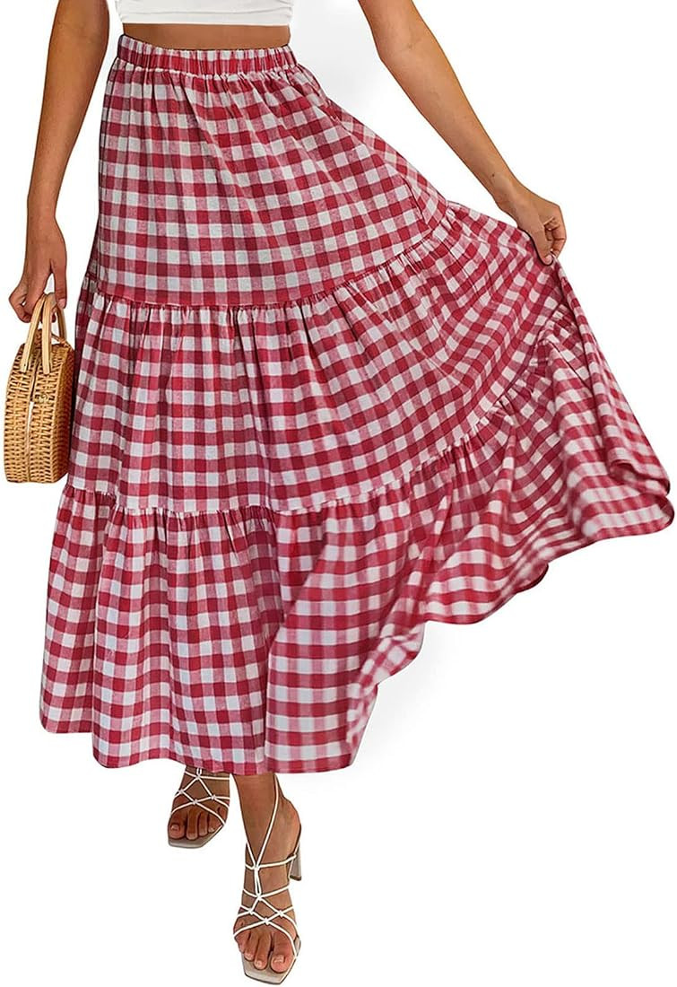 ZESICA Women's 2023 Summer Plaid Elastic High Waist Flowy A Line Maxi Skirt with Pockets | Amazon (US)