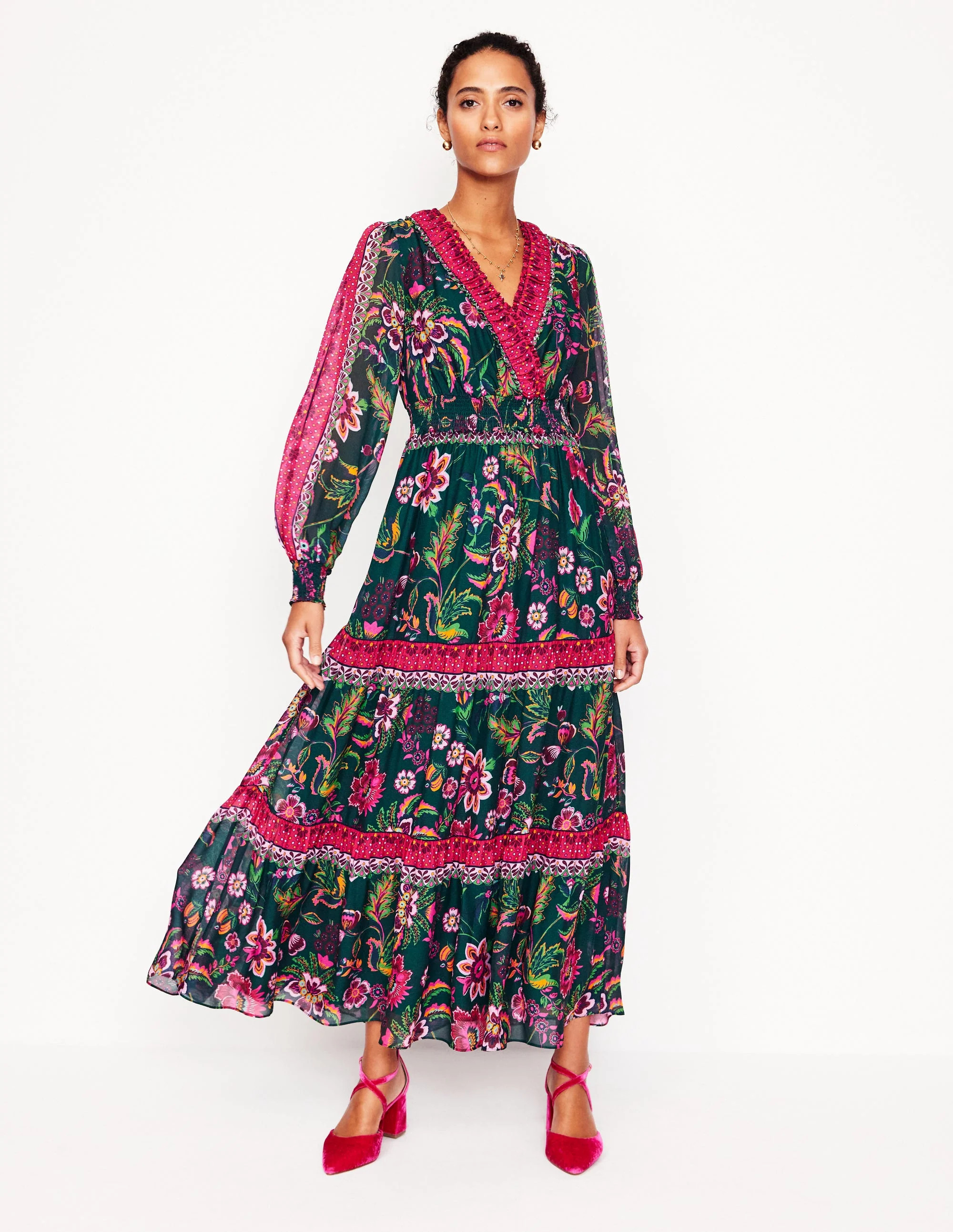 V-Neck Ruffle Maxi Dress-Multi, Blossom Flourish | Boden (US)