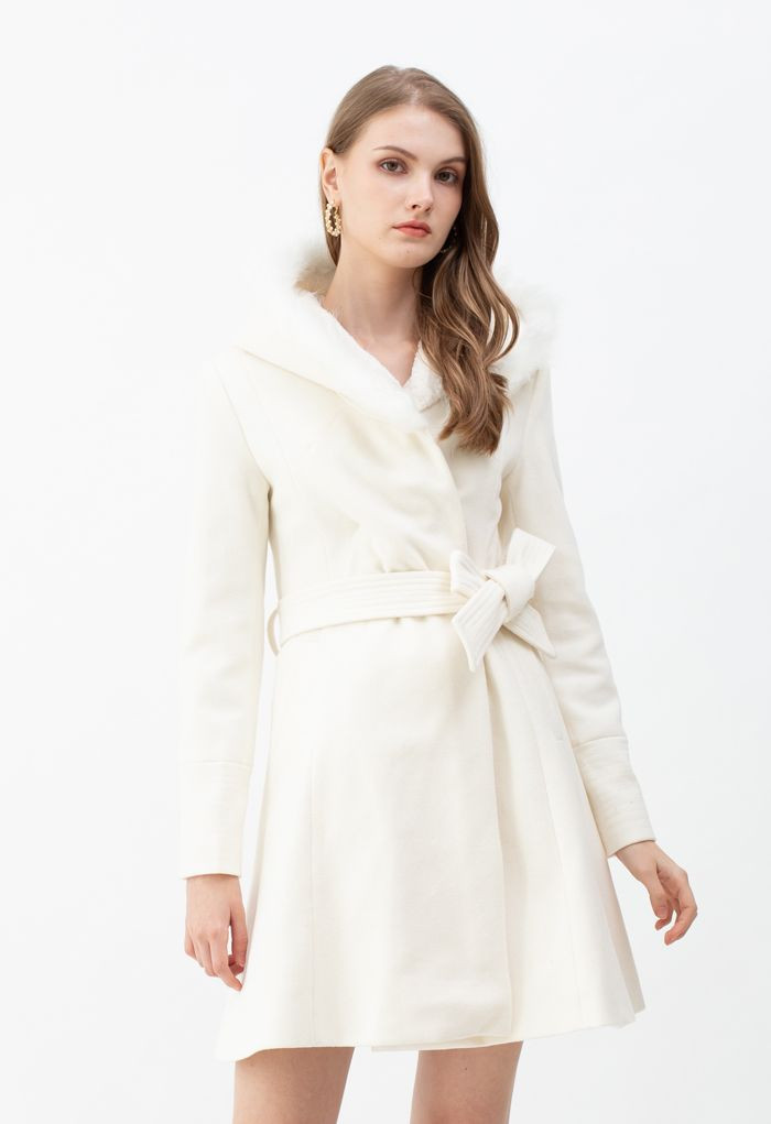 Faux Fur Hooded Wool-Blend Flare Coat in White | Chicwish