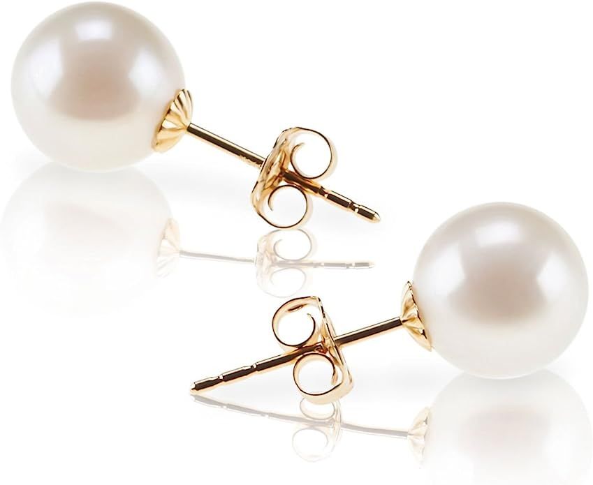 PAVOI 18K Gold Plated Sterling Silver Round Stud White Simulated Shell Pearl Earrings | Amazon (US)