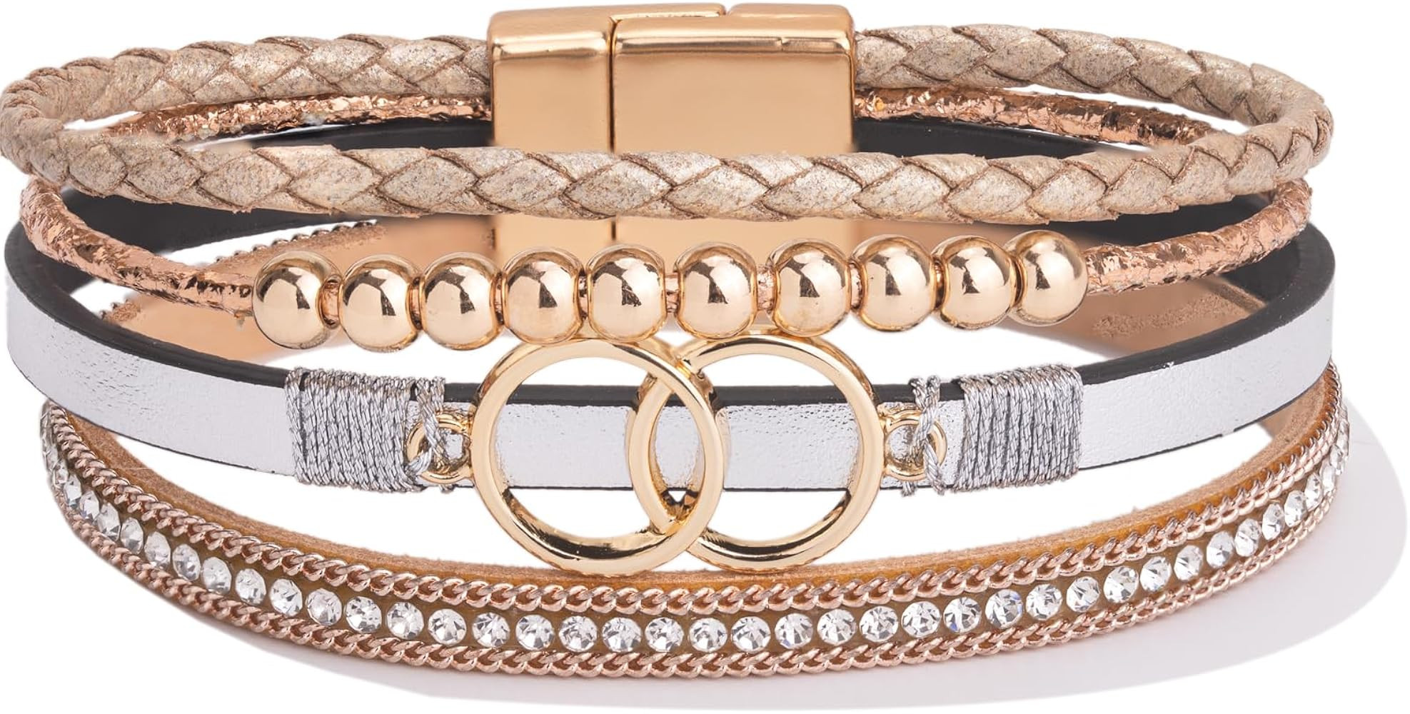 FANCY SHINY Boho Wrap Bracelets Leather Cuff Bangle Gold Beaded Bracelets for Women Stackable Inf... | Amazon (US)