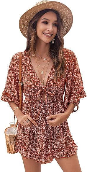 SheIn Women's V Neck Ruffle Half Sleeve Romper Tie Front Dalmatian Short Romper | Amazon (CA)