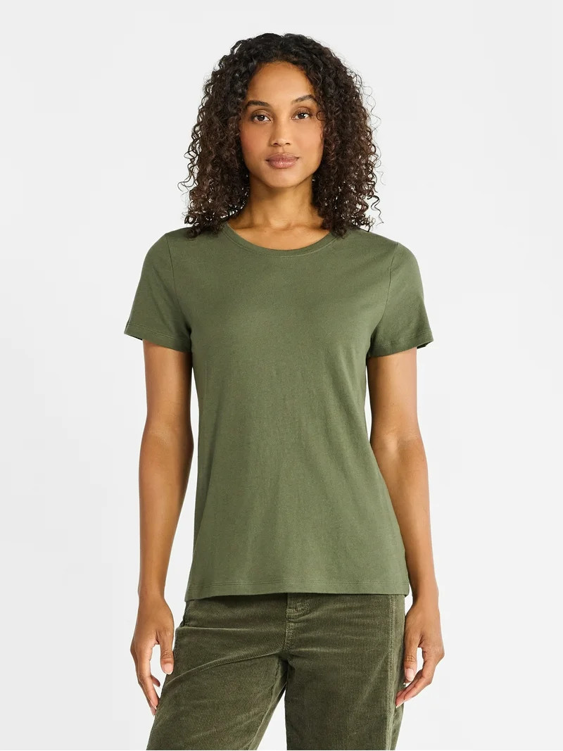Time and Tru Women's Cotton Crewneck Tee with Short Sleeves, Sizes XS-XXXL | Walmart (US)