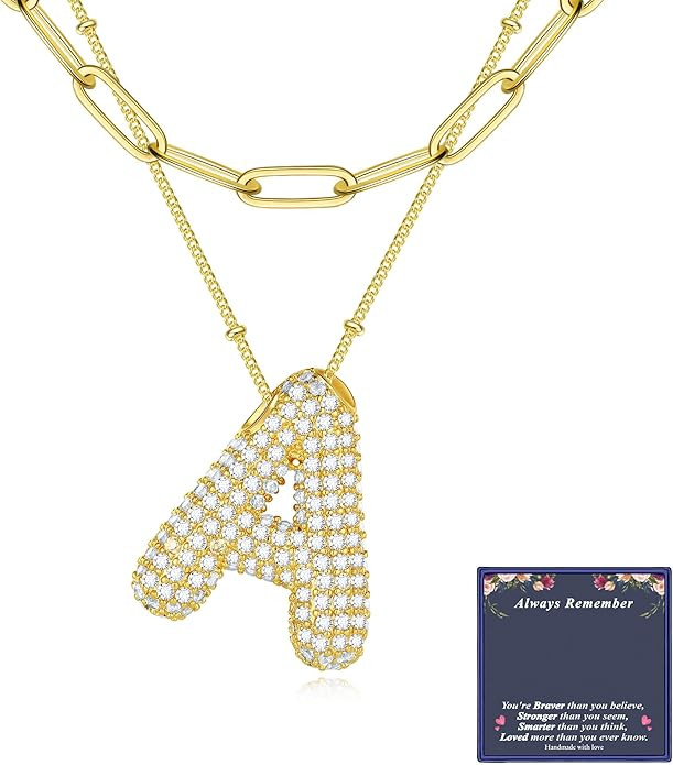 Turandoss Bubble Letter Necklace for Women - 16K Gold Plated Layered Balloon Cubic Zirconia Lette... | Amazon (US)