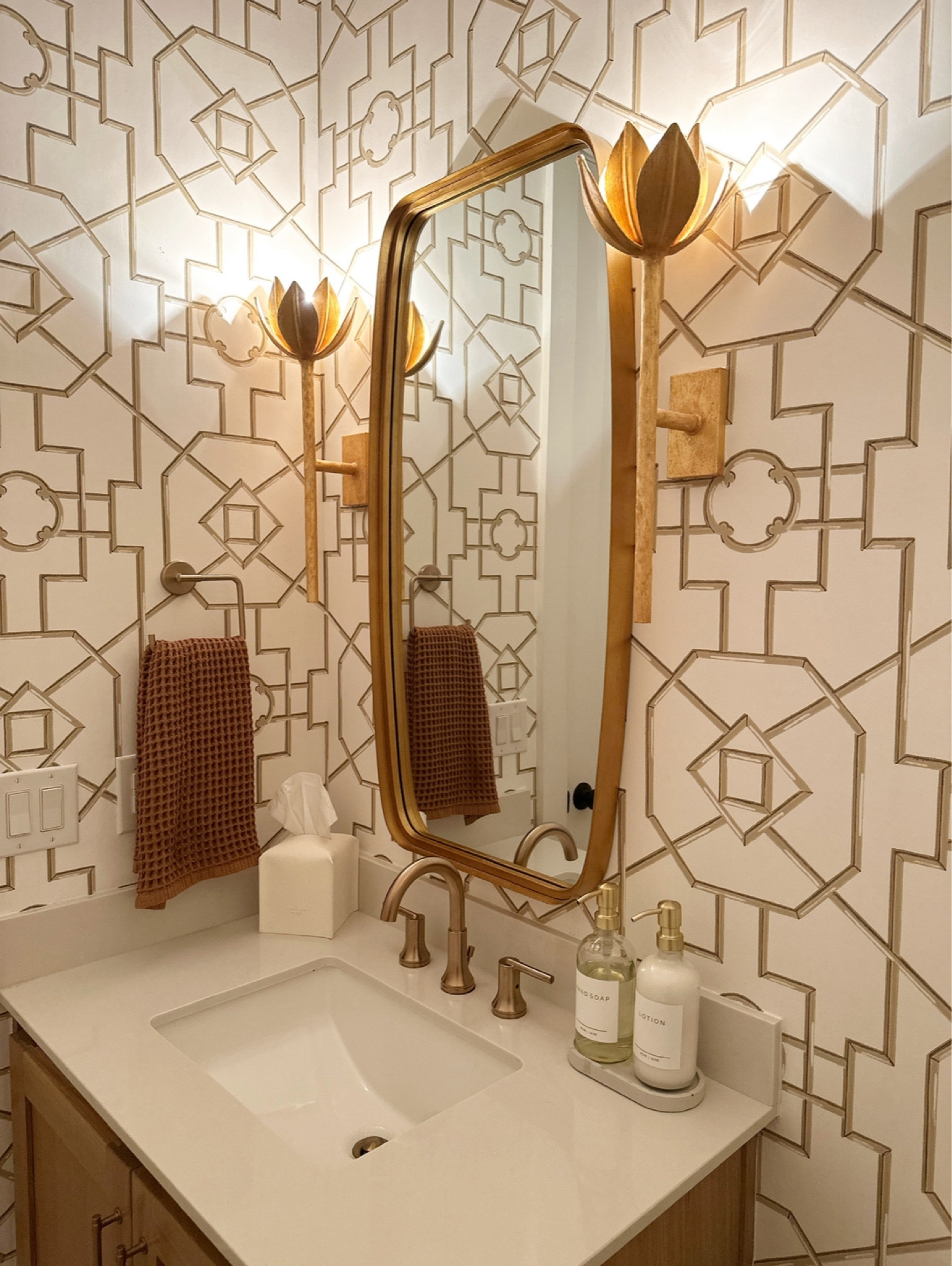 Powder bath of my dreams! Love all of the gold finished in this room! 

Wallpaper is Thibaut Bamboo Lattice, beige!

#LTKstyletip #LTKhome #LTKitbag
