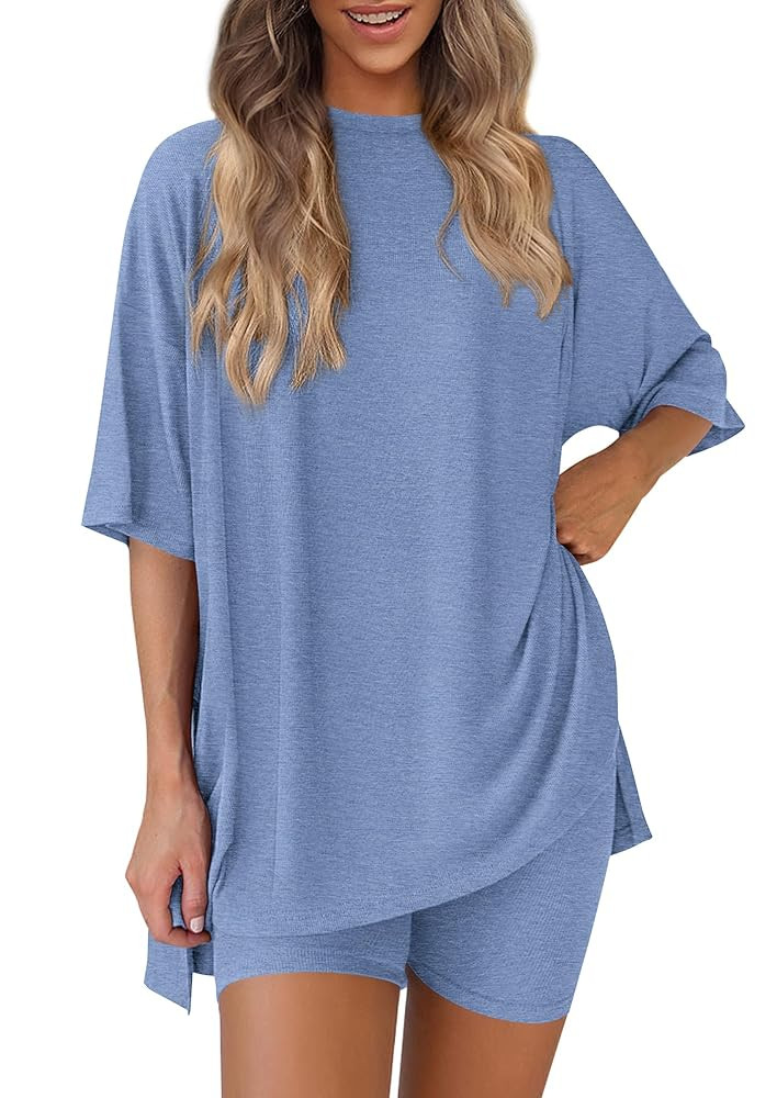 PRETTYGARDEN Women's Two Piece Lounge Set 2025 Summer Casual Oversized Shirts Biker Shorts Matchi... | Amazon (US)