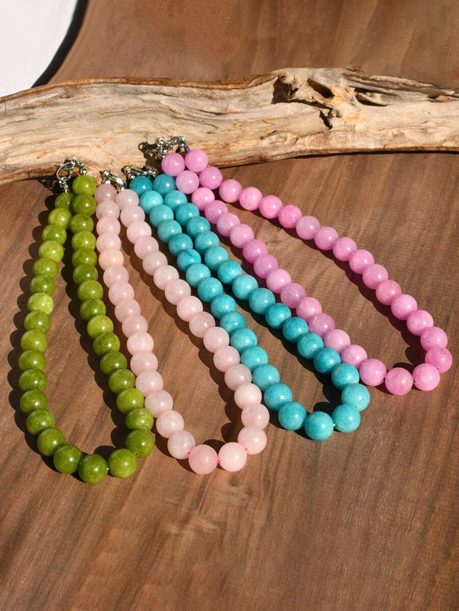 12mm Natural Stone Bead Necklace, Fashionable Dopamine Inspired Colorful Vintage Exaggerated Chok... | SHEIN