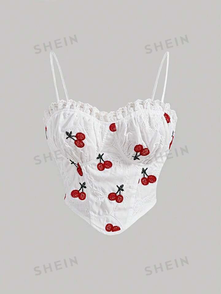 SHEIN MOD Cherry Print Frill Trim Ruched Bustier Cami Top | SHEIN