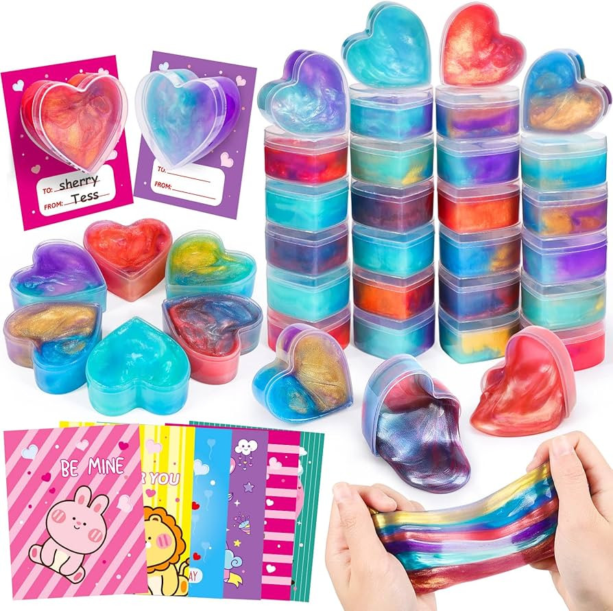 EZIGO 30 PCS Valentine Party Favors for Kids Heart Shaped Glitter Slime Kit with Valentines Day C... | Amazon (US)