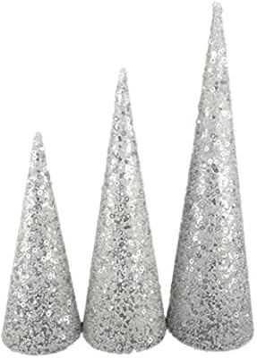 Christmas Concepts Set of 3 Various Size Christmas Cone Trees Decorations Sequins Beads (Silver) | Amazon (US)