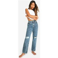 Womens Boohoo Basics Ripped Knee Straight Leg Jeans - Blue - 2 | boohoo (US & Canada)