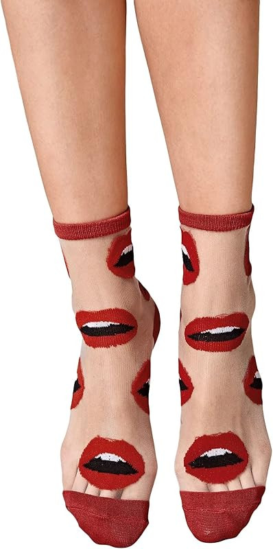 OYOANGLE Women's 1 Pair Lip Print Ankle Socks Everyday Breathable Transparent Sock | Amazon (US)