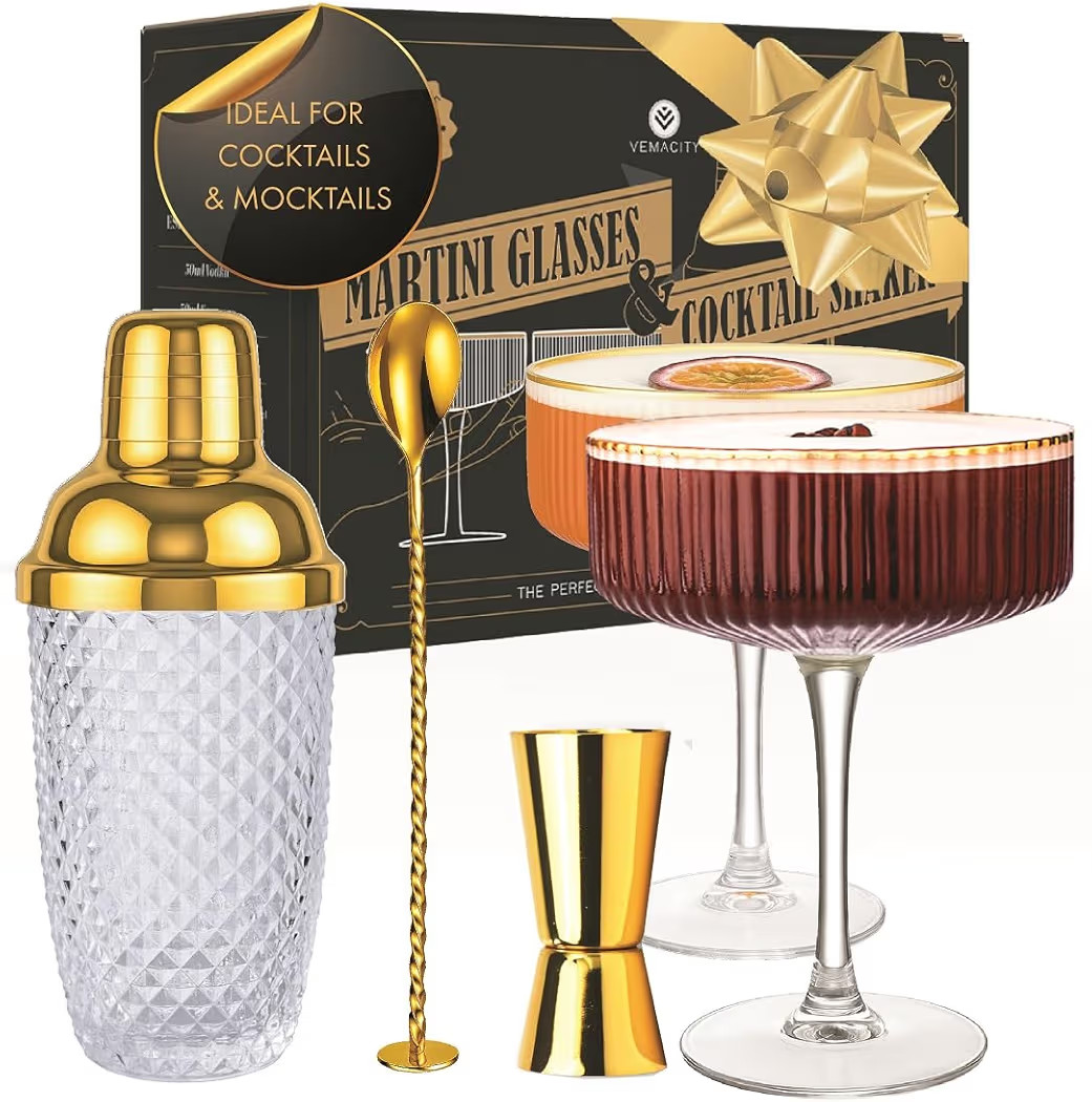 VEMACITY - Luxury Gold Cocktail Shaker Set - 15oz Glass Shaker with Strainer + 2 Gold-Rim Ribbed ... | Amazon (US)
