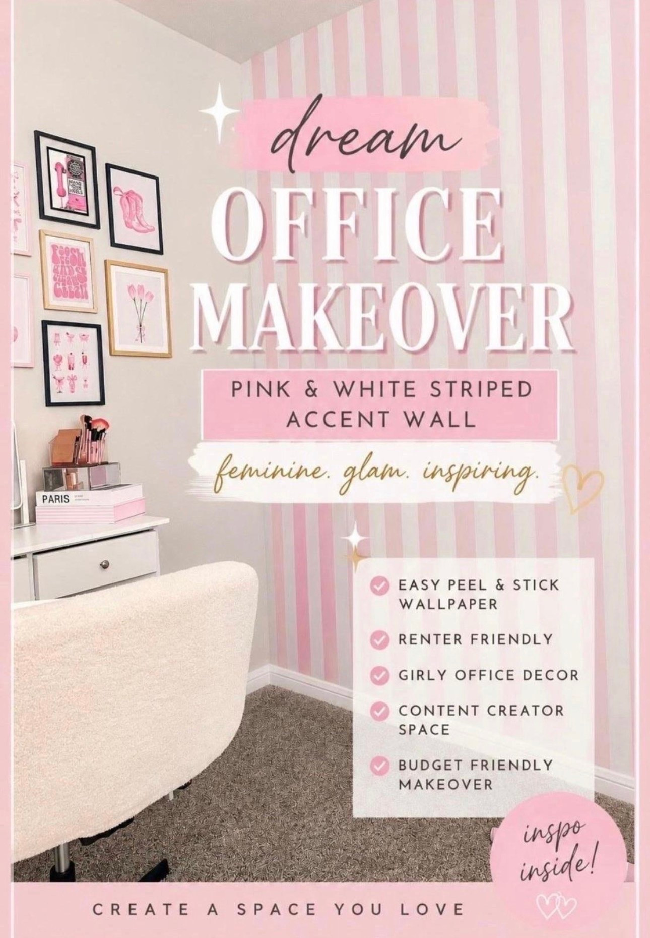 Slowly bringing my dream office/glam room to life! 💕 I finally added this pink and white striped peel-and-stick wallpaper, and it’s the perfect statement wall for a feminine workspace. If you’re looking for office/glam room decor, pink office inspiration, renter-friendly wallpaper, girly home office ideas, or an easy accent wall makeover, this is one of my favorite finds! 🎀

#LTKHome

Comment SHOP below to receive a DM with the link to this post on my LTK ⬇ https://liketk.it/6h9vq