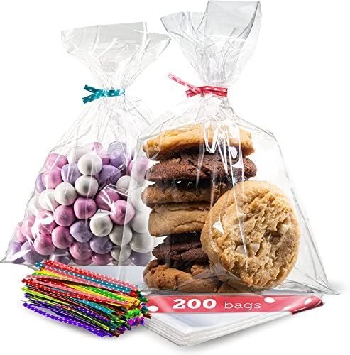 200 Pack Clear Plastic Cellophane Bags - Goodie Bags | With 4" Twist Ties | Candy Bags | Cookie B... | Amazon (US)