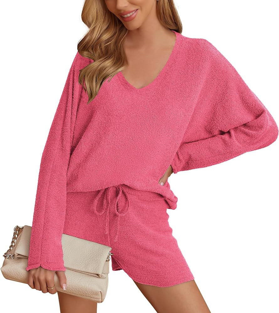 Ekouaer Women's Fuzzy Knit Long Sleeve Pajamas Set 2 Piece Sweater Top and Shorts Loungewear | Amazon (US)