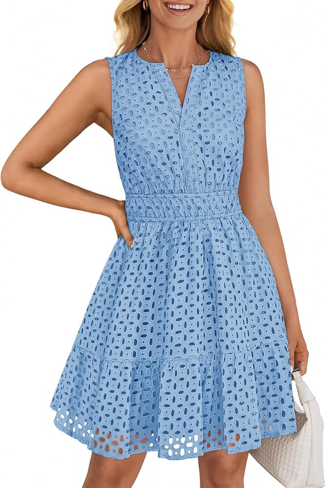 ZESICA Women's Summer Sleeveless Mini Dress V Neck Hollow Out Eyelet High Waist A Line Swing Shor... | Amazon (US)