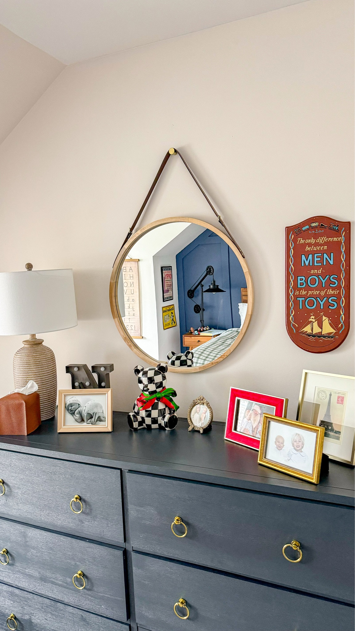 Little boy bedroom toddler boy bedroom navy dresser wood round mirror circular wall mirrow table lamp bedroom lamp boy room decor 

#LTKhome #LTKfindsunder50 #LTKkids