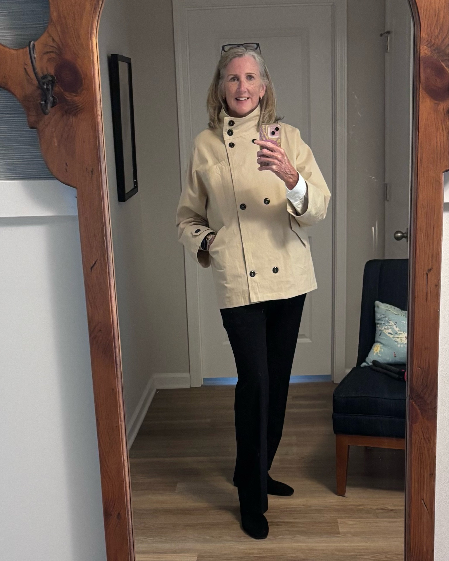 A short khaki trench is timeless and this one is quality made. Fully-lined and roomy fit make it easy to wear over a blazer or sweater. Perfect for office or weekends.

#LTKootd #LTKOver40 #LTKTall