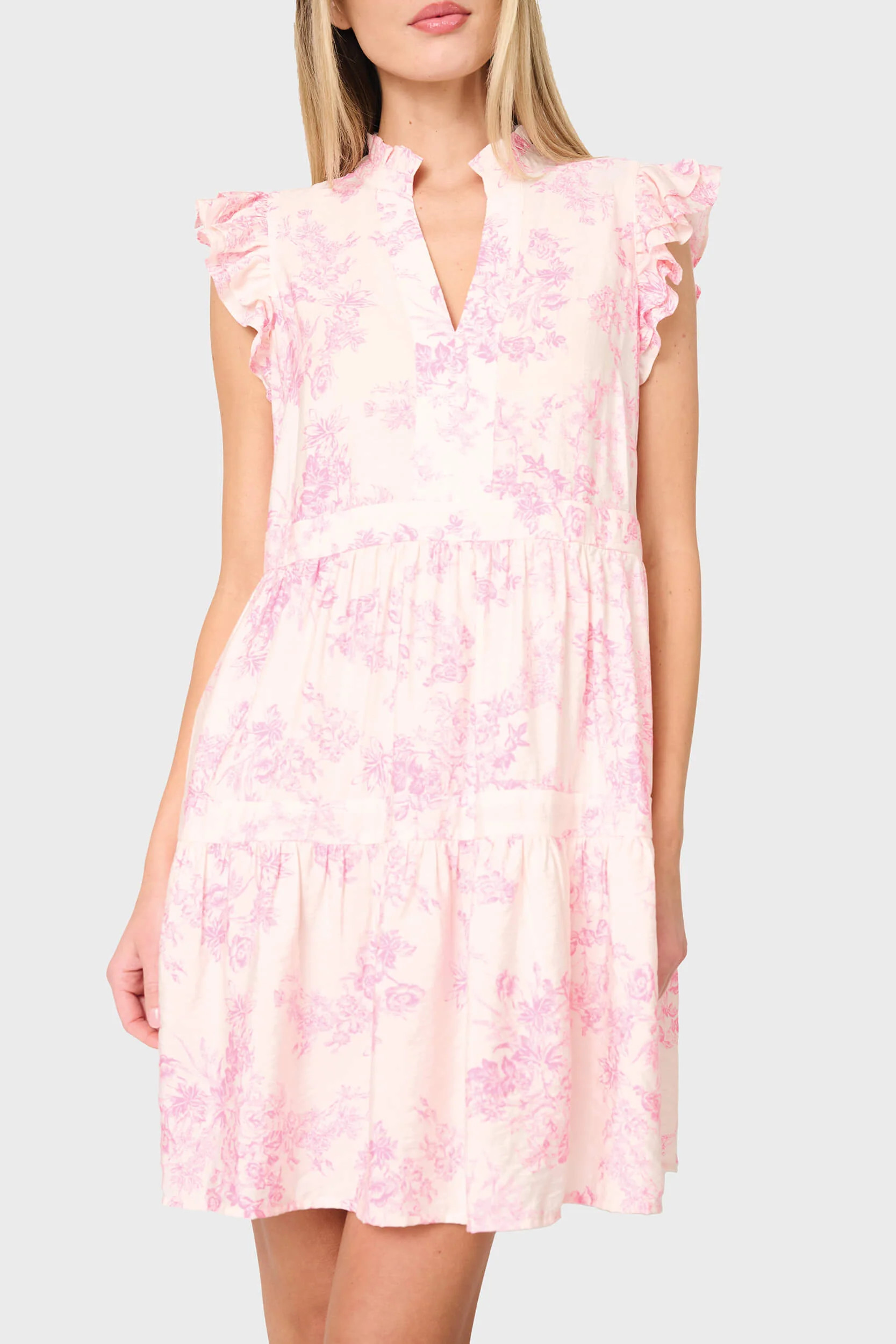 Flutter Sleeve Decked Out Day Dress | Pink Floral Tiered Mini Dress | Gibson