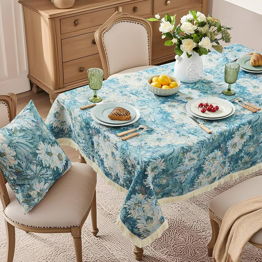 Blue Floral Rectangle Tablecloth Farmhouse Vintage Flower Print Table Cloth with Tassel Rustic Fr... | Amazon (US)