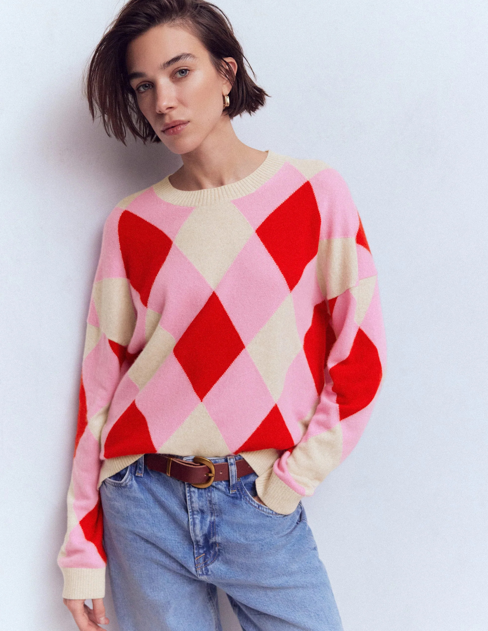 Anastasia Cashmere Sweater-Red and Pink Argyle | Boden (US)
