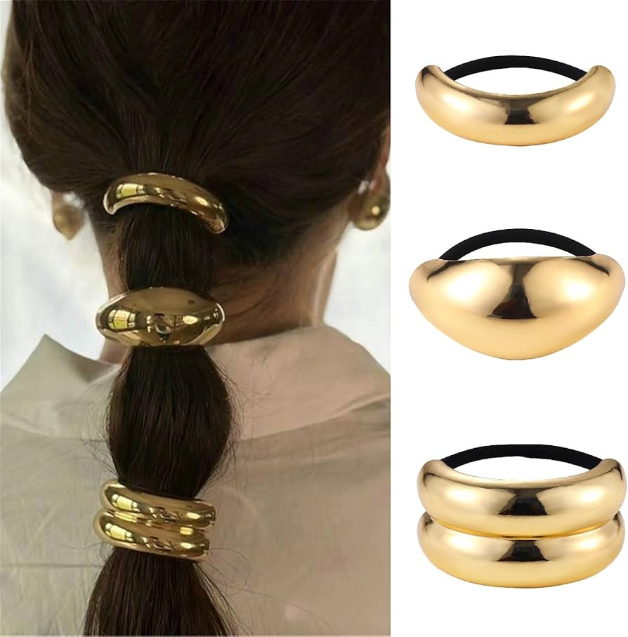 papasgix 3 PCS Metal Hair Tie, Ponytail Hair Cuff, Gold Hair Cuff, Gold Ponytail Cuff Silver Meta... | Amazon (US)