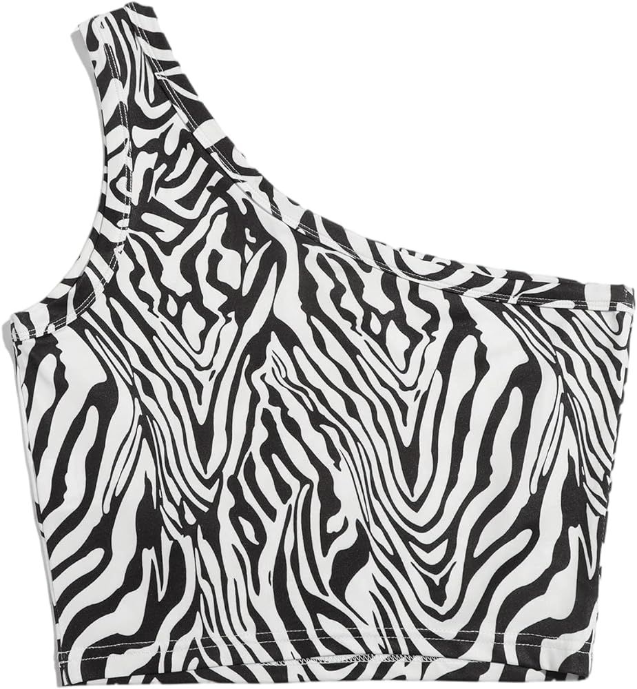 WDIRARA Women's Zebra Print Cut Out One Shoulder Sleeveless Crop Tank Top | Amazon (US)