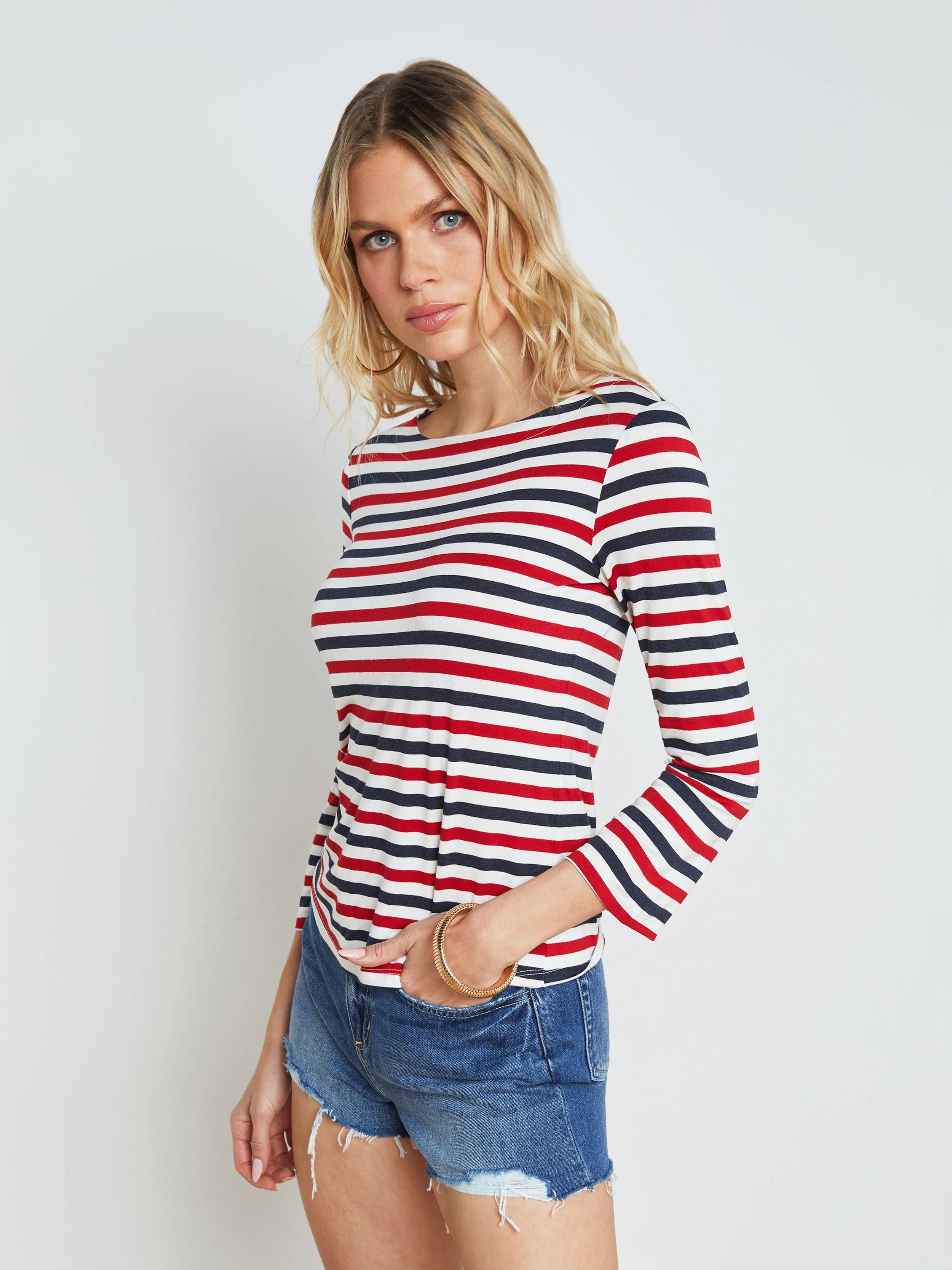 L'AGENCE - Lucille Striped Boatneck Top in Natural/Red/Navy Stripe | L'Agence