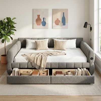 Polibi King Size Upholstered Platform Bed with Backrest and Armrests, USB Charging Port, 2 Drawers, Gray | Target