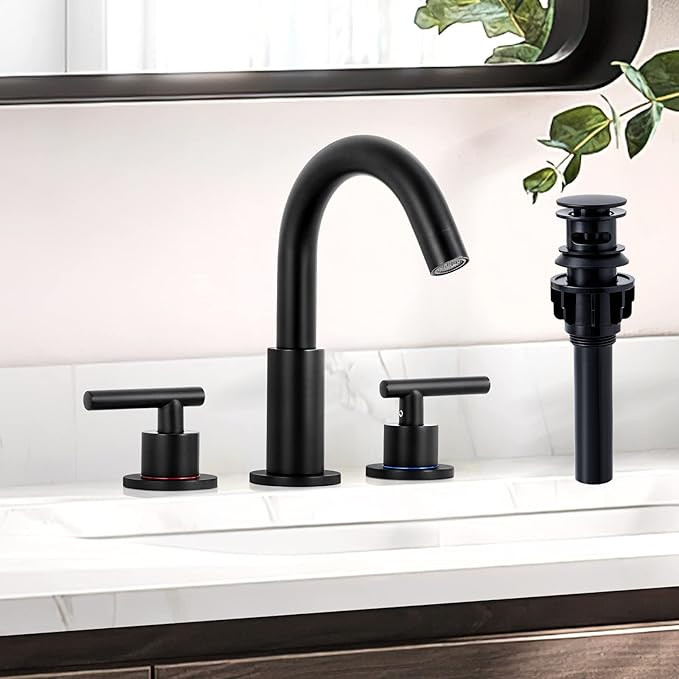 KZH Matte Black Bathroom Faucet 3 Hole, 8 inch Widespread Bathroom Faucet with Pop Up Drain, Bath... | Amazon (US)