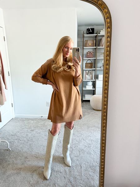 Camel sweater dress under $45! Wearing a small. It runs big and roomy! The western boots have a narrow fit through the leg, I’m wearing my normal boot size. Would be a great sweater dress option for Thanksgiving if you live in a warmer climate (it’s flowy and lightweight) 

#LTKSeasonal