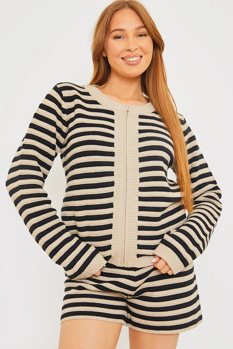 Knitted Striped Zip Up Front Co-Ord Cardigan | In The Style