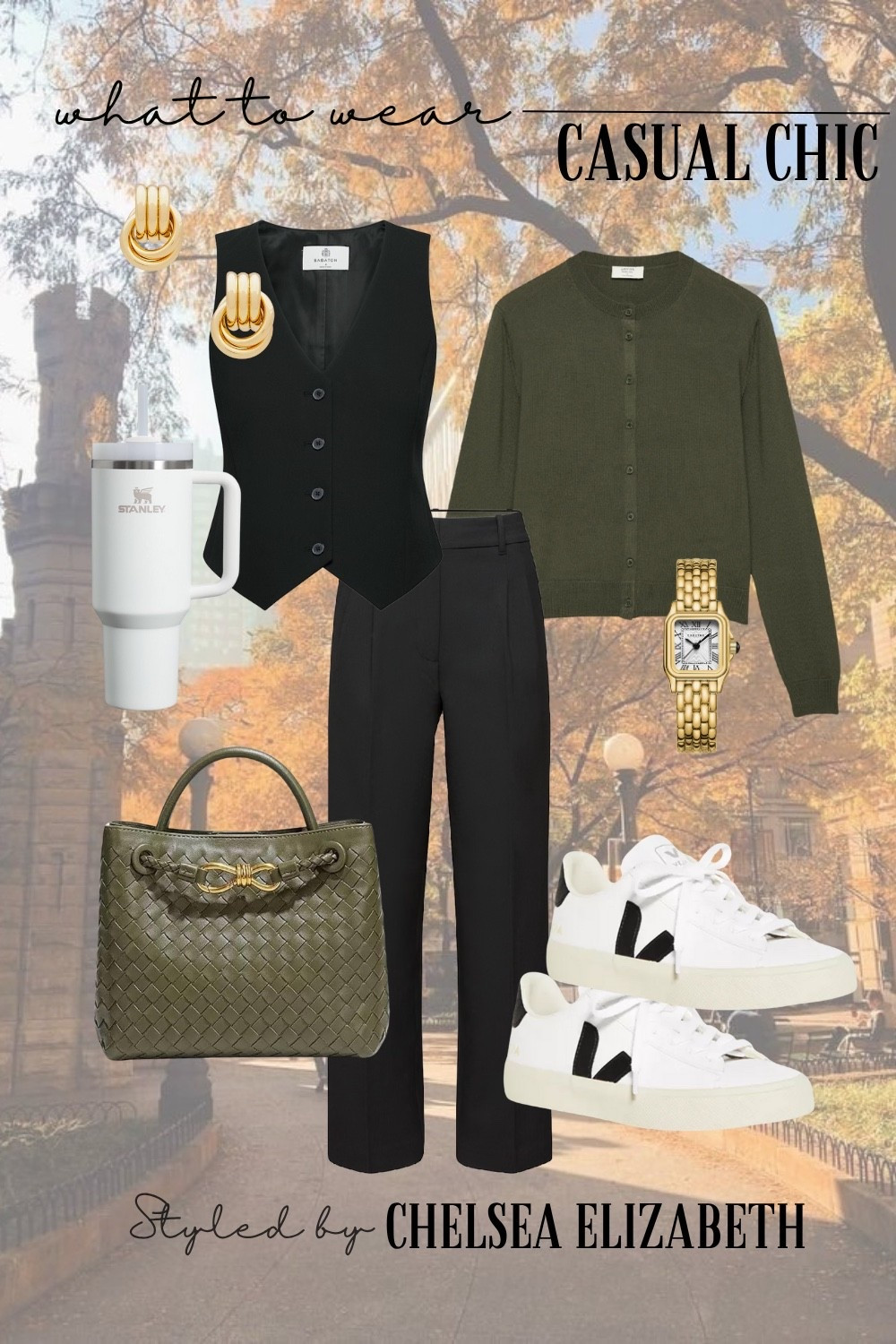 Casual Chic Outfits | Casual Fall Outfits 
•
•
•
Aritzia Black Vest - 2
Aritzia Black Trousers - 4
Aritzia Green Cardigan - S
JW PEI Green Handbag 
VEJA Sneakers -8
Stanley Tumbler 
•
•
•

Old Money Fall Outfit | Classy Fall Outfit | Fall Neutrals | Fall Chic | Chic Fall Outfits | Fall Outfits Petite | Fall Outfits | Fall Casual Outfits| Fall Transition Outfits | Fall Outfits Women | Fall Capsule Wardrobe | Everyday Outfits | Cute Outfits | Casual Chic  | Casual Outfits | Weekend Outfits | Errands Outfit | Coffee Run Outfit | Shopping Outfit | Comfy Outfits |  Comfy Sets | Comfy Chic | Sneaker Outfit | School Drop Off Outfit | old money looks | old money aesthetic | old money fashion | old money style | old money outfits | old money style women | neutral outfit | neutral style | classic style | classic outfits | chic outfits | chic style | casual chic | quiet luxury | minimalist | minimalist fashion | capsule wardrobe | petite outfits | Trouser Outfit | Pants Outfit | Cardigan Outfit | Vest Outfit | Matching Set Outfit | Matching Sets | Matching Set Women | Matching Set Fall | Matching Pant Set | 2 Piece Outfits | 2 Piece Sets | 2 Piece Sets Fall | Two Piece Set | Two Piece Outfits | Two Piece Fall | Europe Outfits | Italy Outfits | Vacation Outfit | | 

#LTKSeasonal #LTKFindsUnder50 #LTKFindsUnder100 #LTKShoeCrush #LTKItBag #LTKOver40 #LTKTravel #LTKStyleTip #LTKPetite #LTKU