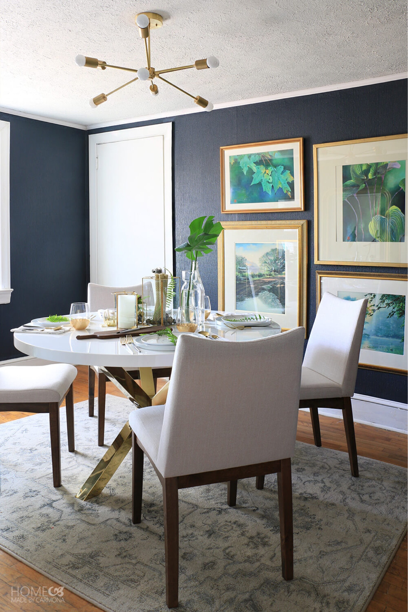Dining Room Styling | Gold x-leg dining table, chairs, and a pretty gold light fixture makes this small eating area a lovely space !

#LTKHome