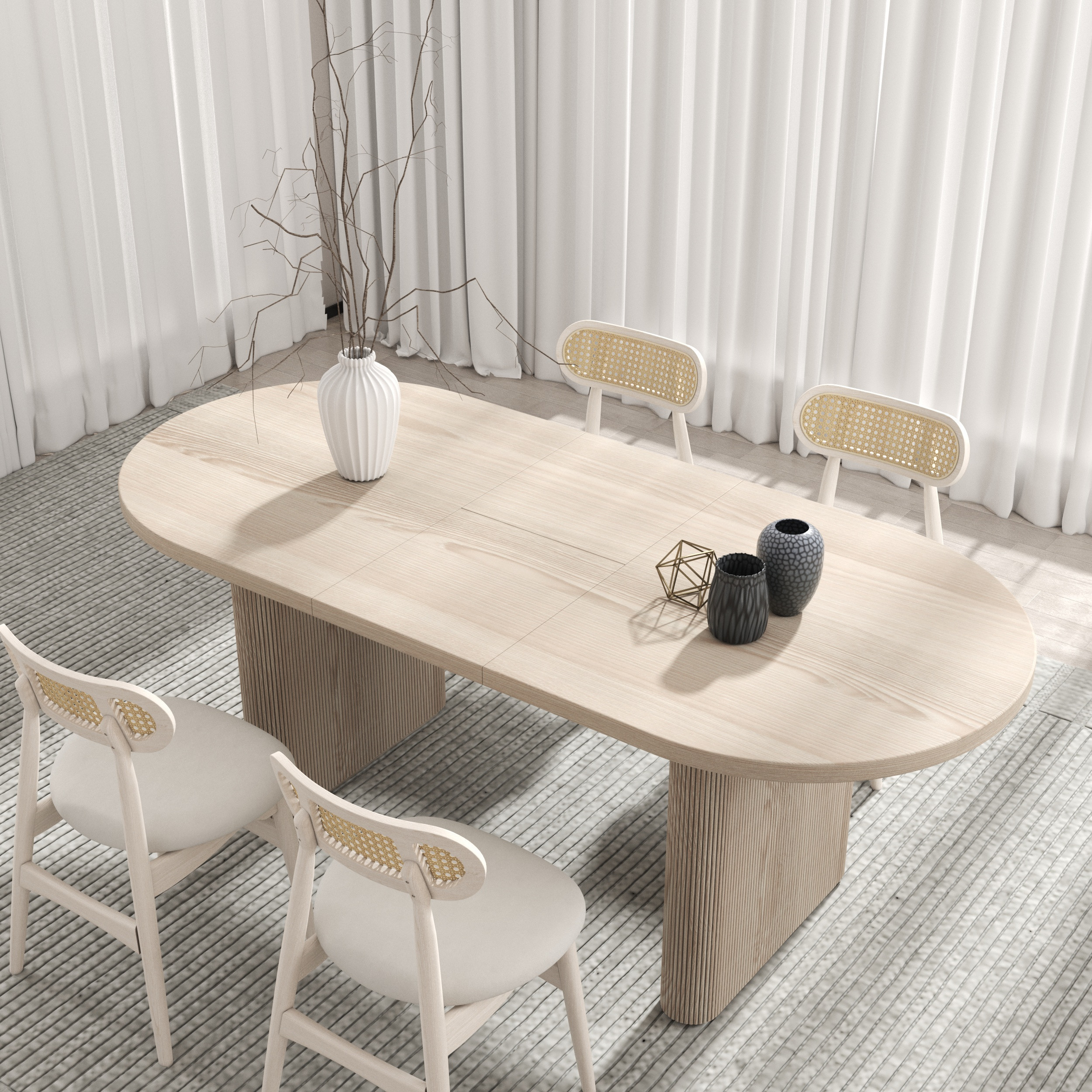 Dining Table Set 63""-79"" Oval Extendable Whitewash Dining Table & 4 Wood Rattan Dining Chairs | Homary