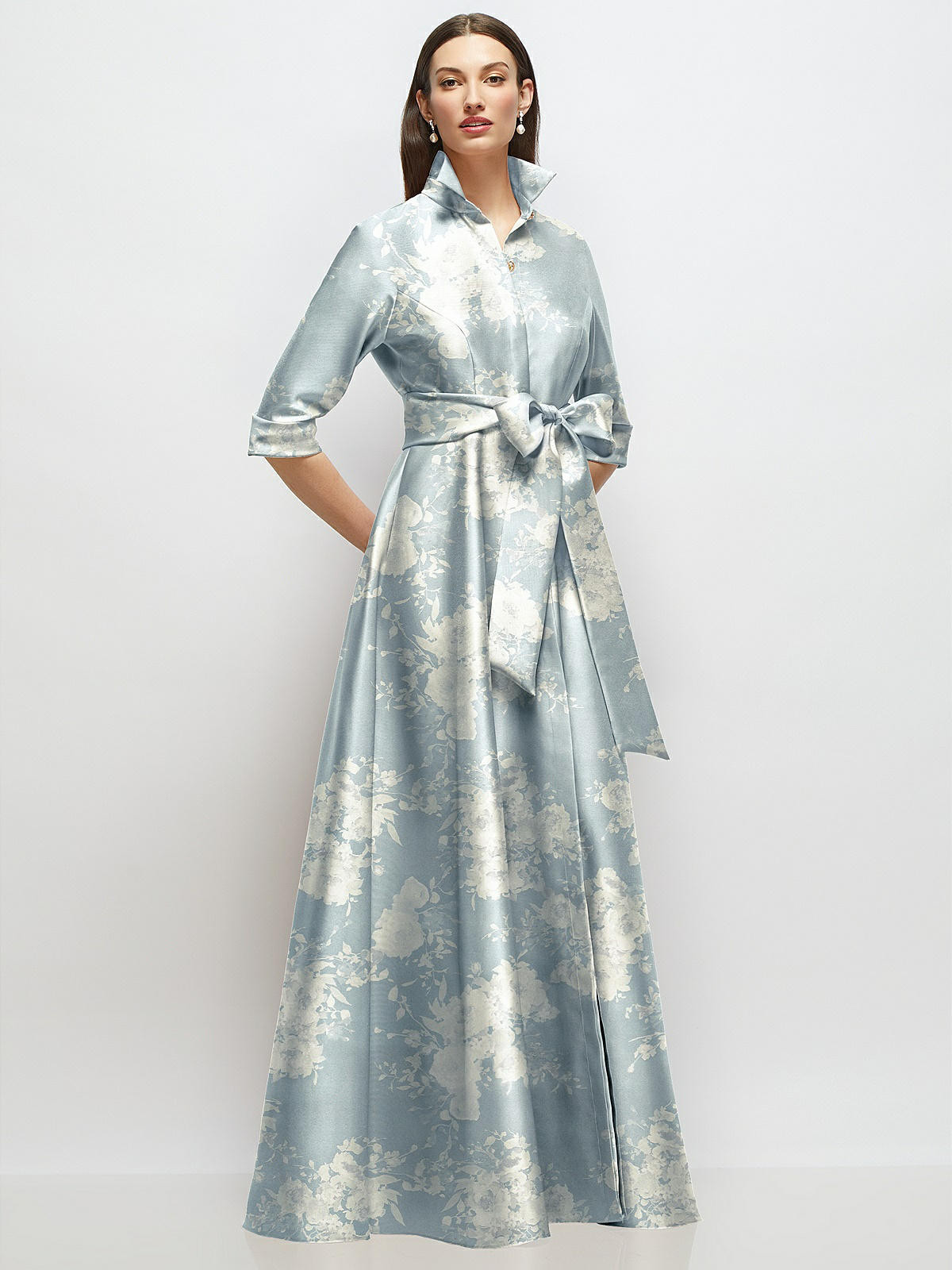 3/4 Sleeve Floral Satin Shirt Dress Gown with Sash and Jeweled Buttons in Porcelain Blue Seraphin... | Dessy Group