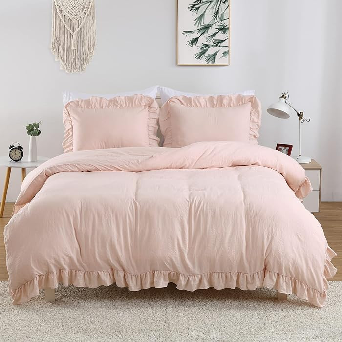 Pink Ruffle Duvet Cover Queen Size, 3PCS Soft Washed Microfiber Vintage French Country Duvet Cove... | Amazon (US)