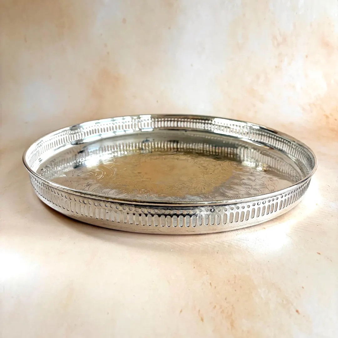 Vintage Silver Plated Etched Round Gallery Serving Tray - Etsy | Etsy (US)