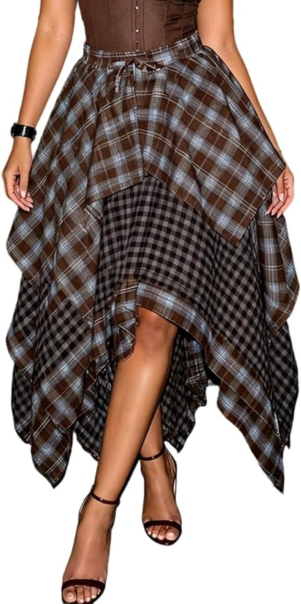 Women's Asymmetrical Plaid Long Skirt High Waisted Gingham Layered High Low Tie Front Ruffle Plea... | Amazon (US)