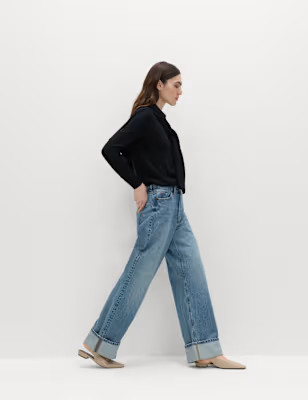 High Waisted Wide Leg Turn Up Jeans | Marks and Spencer US
