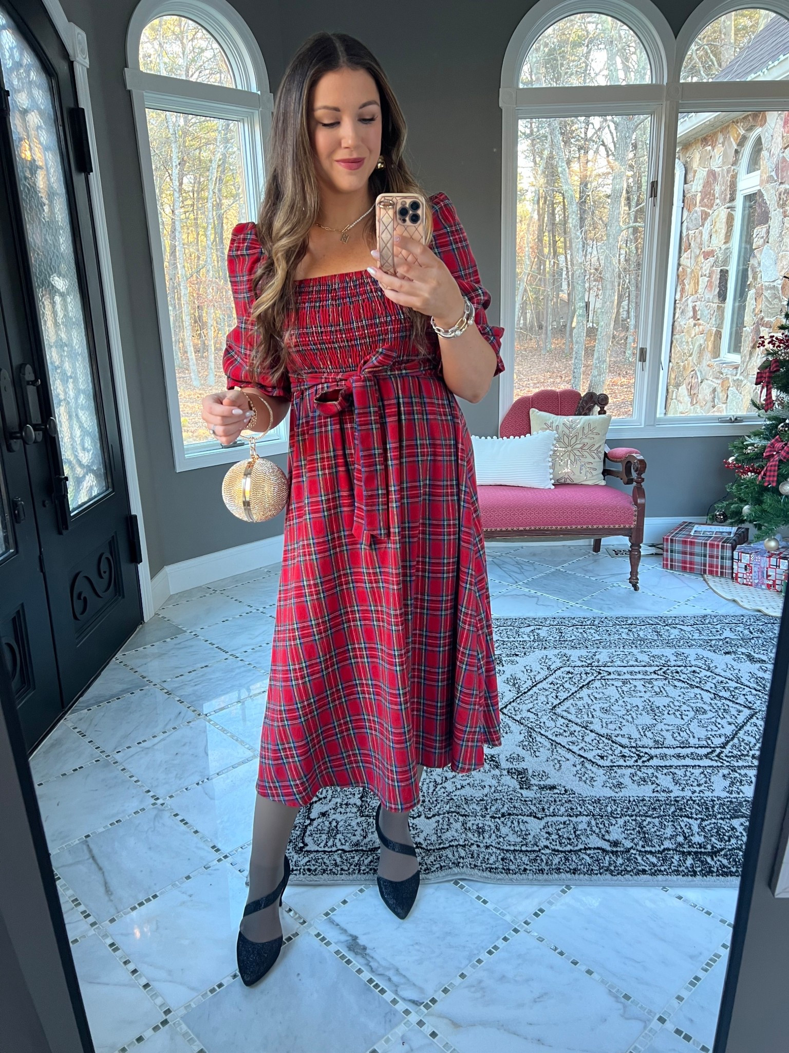 Holiday outfit idea, Christmas outfit idea, Christmas outfit, holiday outfit, Christmas dress, plaid dress, Ralph Lauren, Ralph Lauren Christmas, red plaid dress, black glitter heels, black heels, low heels, gold purse, gold ornament purse, formal purse, formal bag, gold purse 

#LTKootd #LTKHoliday #LTKSeasonal