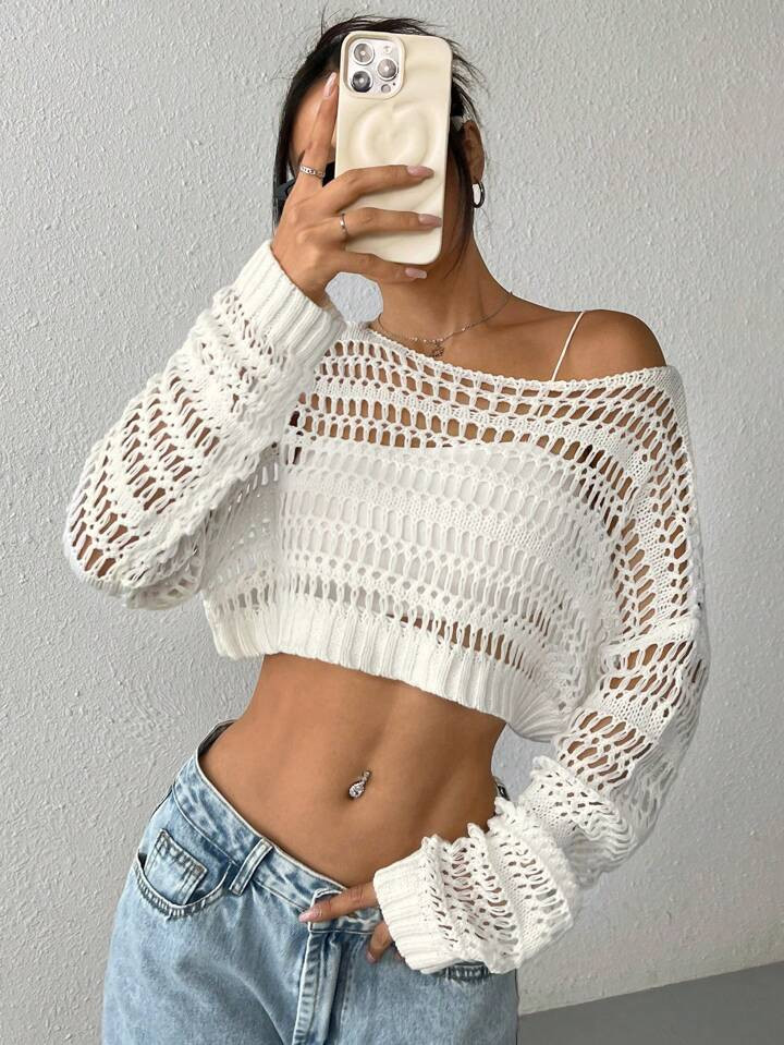 SHEIN EZwear Solid Color Crochet Mesh Sweater Perfect For Vacation And Leisure | SHEIN