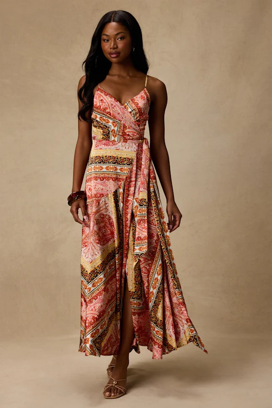 Cerina Red Multi Boho Print Satin Wrap Maxi Dress | Lulus
