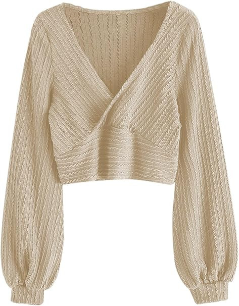 ZAFUL Women's Pullover Ribbed Cropped Knitwear Drawstring Ruched Knitted Crop Top Solid V-Neck Lo... | Amazon (US)