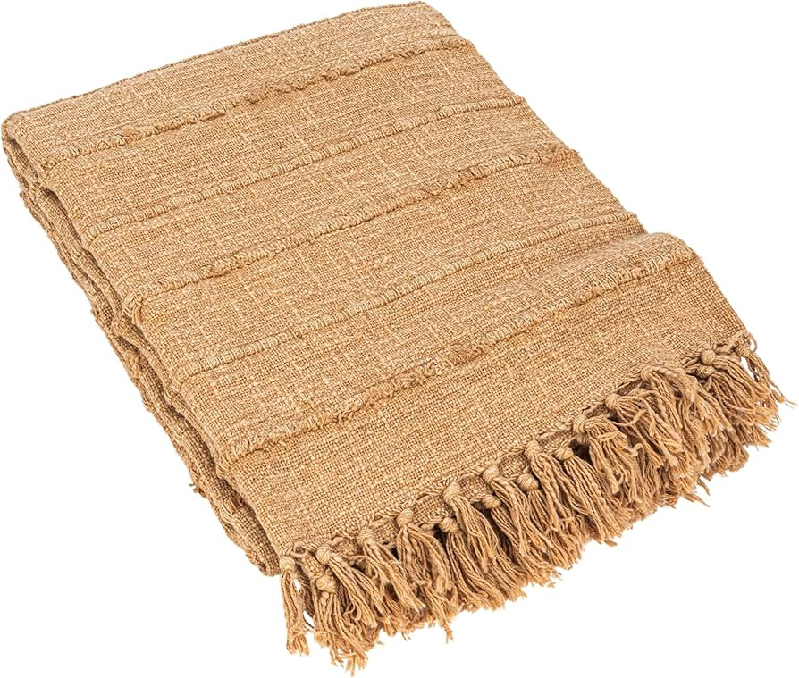 Bloomingville Stonewashed Woven Cotton Slub Throw with Pom Pom Trim and Fringe, Beige | Amazon (US)